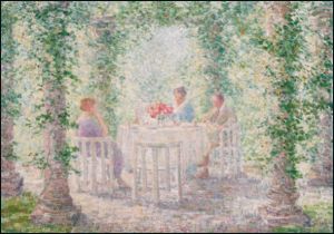 Mevrouw Pieters met heer en mevrouw Singer in tuin Wilde Zwanen, Evert Pieters, Singer Laren