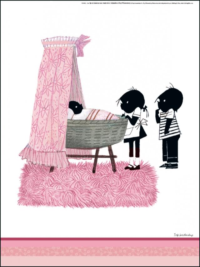 Poster: Jip en Janneke bij een wieg (roze), Fiep Westendorp