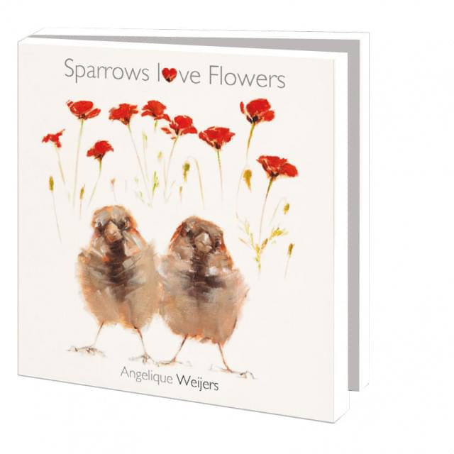 Kaartenmapje met env, vierkant: Sparrows love flowers, Angelique Weijers