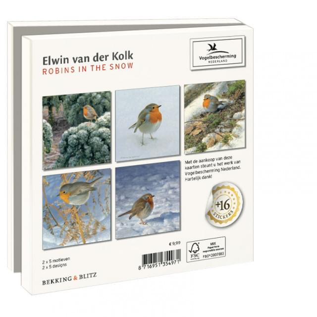 Kaartenmapje met env, vierkant: Robins in the snow, Elwin van der Kolk, Vogelbescherming