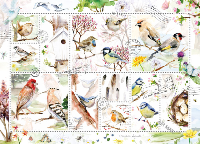 Puzzel (1.000 stukjes): Birds on stamps, Michelle Dujardin