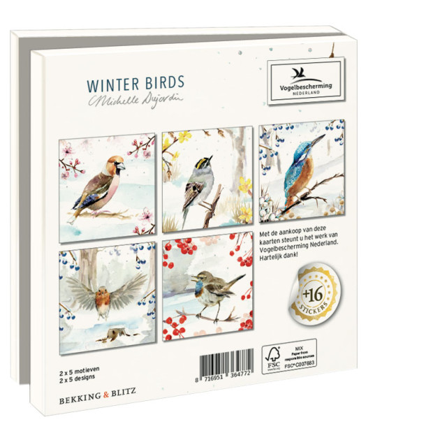 Kaartenmapje met env, vierkant: Winter birds, Michelle Dujardin, Vogelbescherming Nederland
