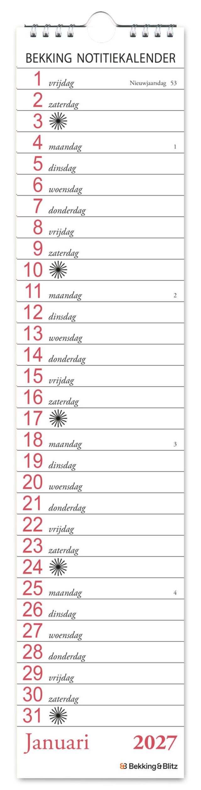 Bekking notitie kalender 2027