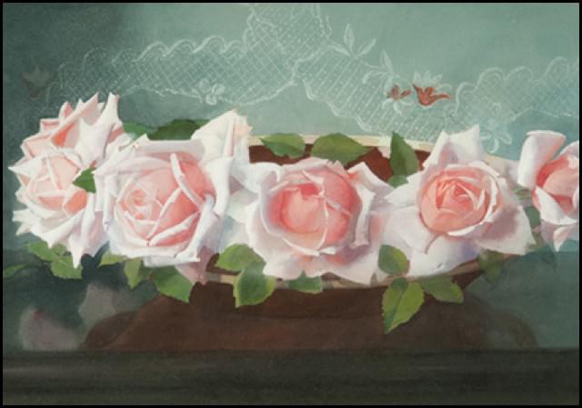 La France'-roses on earthenwear dish, Jan Voerman, Museum de Fundatie