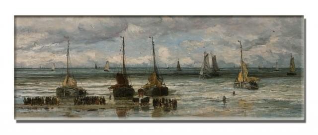 Koelkastmagneet: Schepen op het strand met vissersvrouwen, Hendrik Willem Mesdag